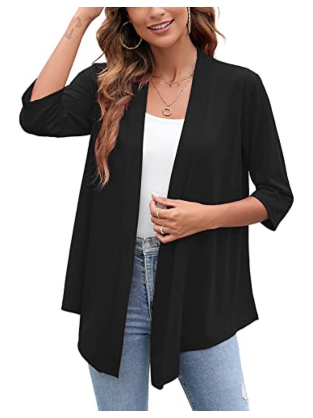 Women's Draped Open Front Cardigan 3/4 Sleeve Lightweight